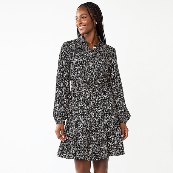Draper James New Size M Button Front Tie Waist Dress Black Tan Ditsy Floral - Picture 1 of 12